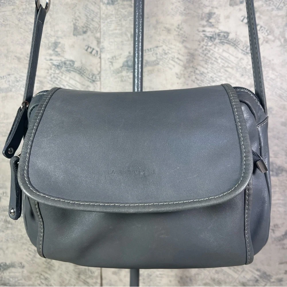 La Bagagerie Gray Leather Crossbody Bag Multi Pocket Organizer Messenger Purse